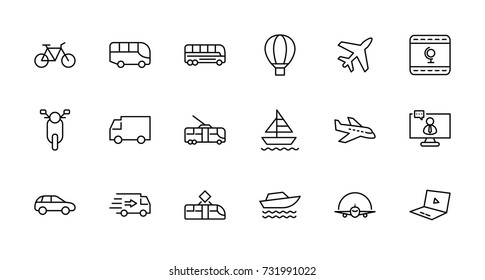 Set of Public Transport Related Vector Line Icons. Contains such Icons as Bus, Bike, Scooter, Car, balloon, Truck, Tram, Trolley, Sailboat, powerboat, Airplane and more. Editable Stroke. 32x32 Pixel