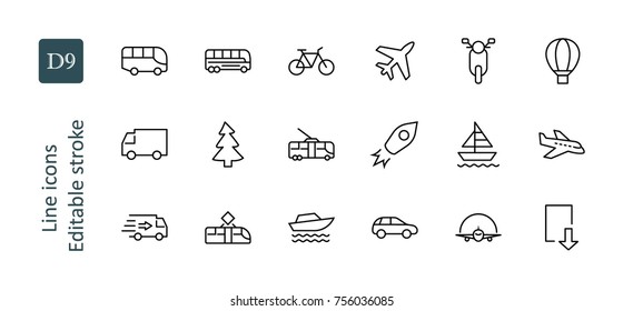 Set of Public Transport Related Vector Line Icons. Contains such Icons as Bus, Bike, Scooter, Car, balloon, Truck, Tram, Trolley, Sailboat, powerboat, Airplane and more. Editable Stroke. 32x32 Pixel