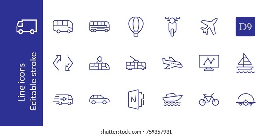 Set of Public Transport Related Vector Line Icons. Contains such Icons as Bus, Bike, Scooter, Car, balloon, Truck, Tram, Trolley, Sailboat, powerboat, Airplane and more. Editable Stroke. 32x32 Pixel
