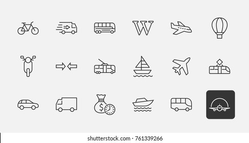 Set of Public Transport Related Vector Line Icons. Contains such Icons as Bus, Bike, Scooter, Car, balloon, Truck, Tram, Trolley, Sailboat, powerboat, Airplane and more. Editable Stroke. 32x32 Pixel