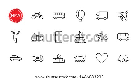 Set of Public Transport Related Vector Line Icons. Contains such Icons as Bus, Bike, Scooter, Car, balloon, Truck, Tram, Trolley, Sailboat, powerboat, Airplane and more. Editable Stroke.  