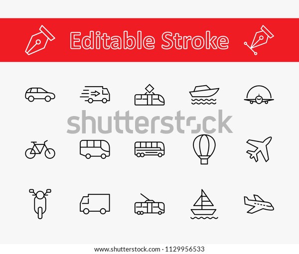 Set of Public Transport Related Vector Line Icons.\
Contains such Icons as Bus, Bike, Scooter, Car, balloon, Truck,\
Tram, Trolley, Sailboat, powerboat, Airplane and more. Editable\
Stroke. 32x32 Pixel