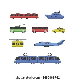 Set of Public Transport with Train, Ship, Bus, Trolleybus, Taxi, Funicular, Plane, Tram. Flat Modern Design. Isolated on White Background.