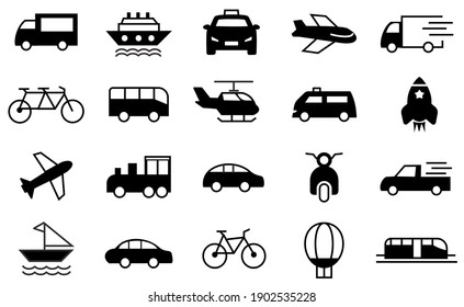 Conjunto de Iconos de Línea de Vectores de Transporte Público. ilustración de símbolo de transporte en fondo blanco. Contiene íconos como auto, taxi, bus, tren, avión, barco, helicóptero y más. modificable. vector