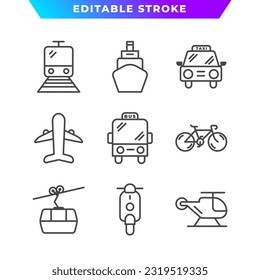 Set of Public Transportation Outline Icon. Taxi, Train, Bus, Plane, Bicycle, Mountain Cableway, and More. Editable Stroke. Vector Eps 10