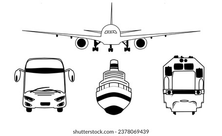 Conjunto de iconos de línea delgada del transporte público. Barcos, aviones, autobuses y trenes.  Ilustración de transportes y partes comunes y populares. 