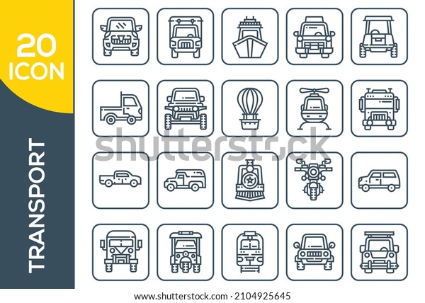 Set of Public\
Transportation Thin Line Icons.Contains such Icons as Taxi, Train,\
Tram and more. Transport Icons, oncoming view, Monoline concept The\
icons were created.