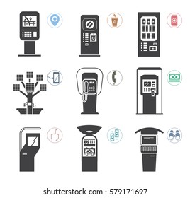 Conjunto de máquinas de autoservicio de uso público. Colección de ilustraciones simples de varias máquinas automáticas. 