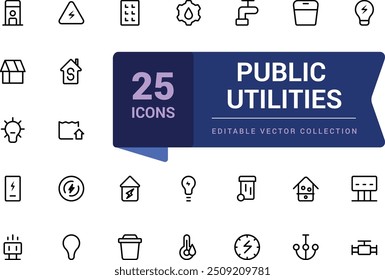 Set of public utilities outline icons. Related to energy, gas, water. Linear icon collection. Pixel perfect, minimalistic web and UI icon. Outline icon collections.