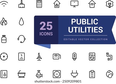 Set of public utilities outline icons. Related to energy, gas, water. Linear icon collection. Pixel perfect, minimalistic web and UI icon. Outline icon collections.