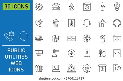 Conjunto de ícones da Web de utilitários públicos em estilo de estrutura de tópicos. Contendo casa, elétrica, energia, água, público, serviço, fogo, encanamento, reparação, chamada e muito mais. Simbolizar vários essenciais. Ilustração vetorial