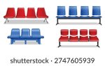 Set of public waiting area bench seats in blue and red colors, isolated on white background. Modern connected plastic chairs with metal frame commonly found in airports, hospitals, stations, terminals, offices, and other public facilities. Ideal for concepts related to waiting rooms, public seating, transportation hubs, and indoor facility furniture.