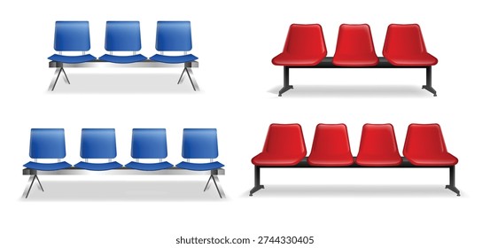 Set of public waiting area bench seats in blue and red colors, isolated on white background. Modern connected plastic chairs with metal frame commonly found in airports, hospitals, stations, terminals, offices, and other public facilities. Ideal for concepts related to waiting rooms, public seating, transportation hubs, and indoor facility furniture.  
