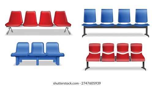 Set of public waiting area bench seats in blue and red colors, isolated on white background. Modern connected plastic chairs with metal frame commonly found in airports, hospitals, stations, terminals, offices, and other public facilities. Ideal for concepts related to waiting rooms, public seating, transportation hubs, and indoor facility furniture.
