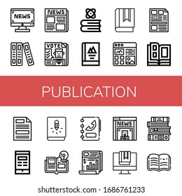 Set of publication icons. Such as News, Book, Newspaper, Article, Catalog, Press, Phone book, Books, Open book , publication icons