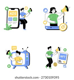 Conjunto de ilustrações planas de publicidade