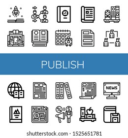 Set of publish icons. Such as Book, Bookstore, Share, Books, Booking, Magazine, Press, Bookshelf, Encyclopedia, Newspaper, News , publish icons