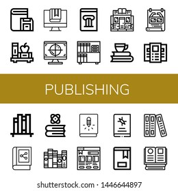 Set of publishing icons such as Book, Cmyk, History book, Bookstore, Books, Poster, Brochure, Book shelf , publishing