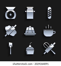 Set Pudding custard, Cake, Kitchen whisk and rolling pin, Coffee cup, Spatula, Rolling on dough, French baguette bread and Scales icon. Vector