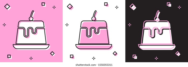 Set Pudding custard with caramel glaze icon isolated on pink and white, black background.  Vector Illustration