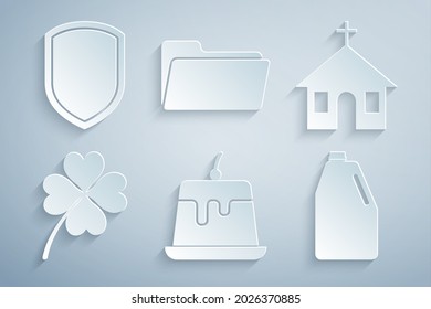 Set Pudding custard, Church building, Four leaf clover, Household chemicals bottle, Folder and Shield icon. Vector