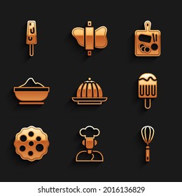 Set Pudding custard, Cook, Kitchen whisk, Ice cream, Cookie or biscuit, Flour bowl, Cutting board and  icon. Vector