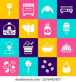 Set Pudding custard, Ice cream, Croissant, Rolling pin on dough, Brick stove, Spatula and Jar of sugar icon. Vector