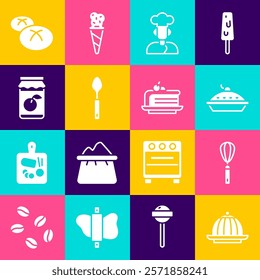 Set Pudding custard, Kitchen whisk, Homemade pie, Cook, Spoon, Jam jar, Bread loaf and Piece of cake icon. Vector