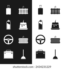Set Pudding custard, Sport bottle with water, Travel suitcase, Heating radiator, Steering wheel and  icon. Vector