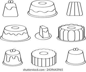 Set von Pudding-Icons in schwarzer Linie.