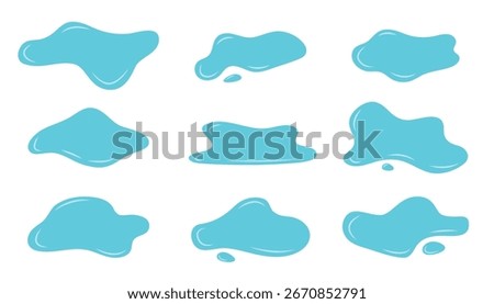 Set puddle and water drops. blue liquid shapes cartoon style. tears or rain water isolated. vector illustration