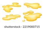 Set of puddle of yellow oil isolated. Honey, urine or gasoline gold liquid. Cartoon style vector illustration.