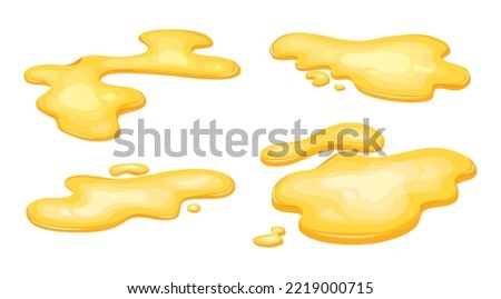 Set of puddle of yellow oil isolated. Honey, urine or gasoline gold liquid. Cartoon style vector illustration.