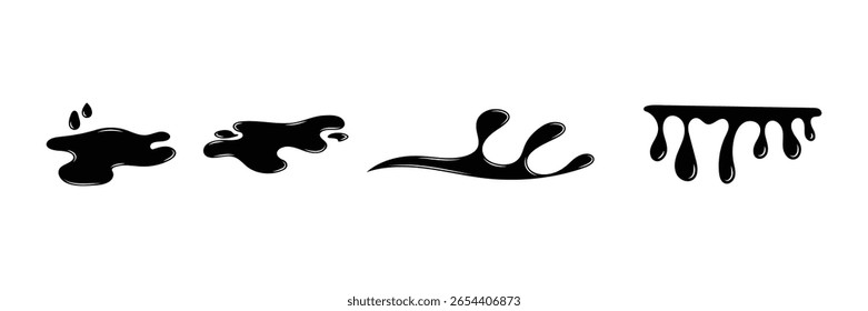 Set of Puddles drops splashing water symbol. Dripping liquid. Paint flows, various dripping liquid illustration.