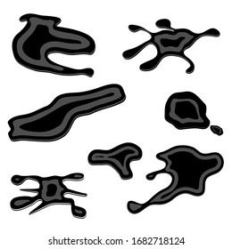 Set of puddles of spilled oil, gasoline, fuel oil or sewage, polluted water, sewage. Puddles have different shapes. Vid white glare from the light. Color is white, black and gray