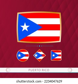 Set of Puerto Rico flags with gold frame for use at sporting events on a burgundy abstract background. Vector collection of flags.