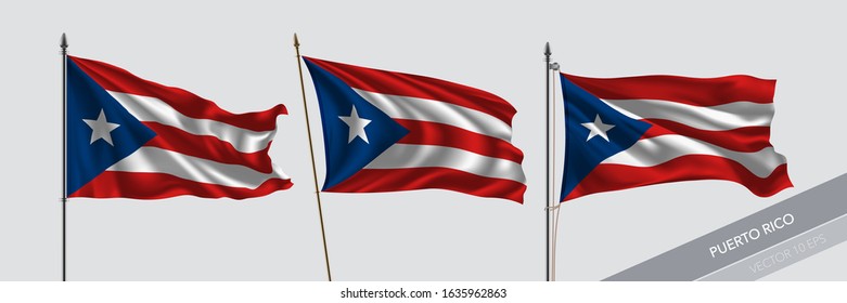 Set of Puerto Rico waving flag on isolated background vector illustration. 3 Puerto Rican wavy realistic flag as a symbol of patriotism