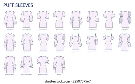 Set of Puff sleeves clothes dropped, baloon, virago, Marie, paned, drawstring technical fashion illustration with fitted body. Flat apparel template front side. Women, men unisex CAD mockup