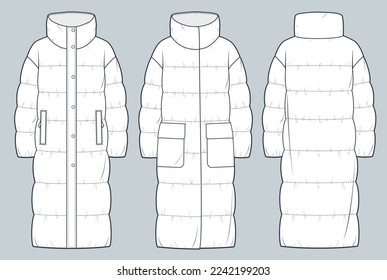 Set Puffer Coats technical fashion Illustration  Down Jackets technical drawing template  roll neck  long sleeve  pocket  front   back view  white  women  men  unisex CAD mockup set 