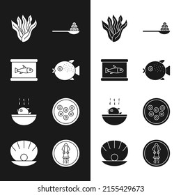 Set Puffer fish, Canned, Seaweed, Caviar on spoon, soup, plate, Octopus and Shell with pearl icon. Vector