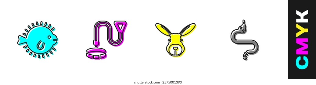 Set Puffer fish, Collar with name tag, Rabbit head and Snake icon. Vector