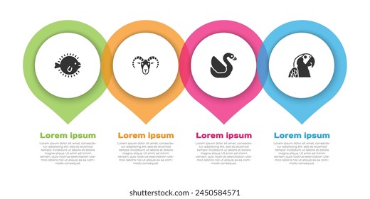 Set Puffer fish, Head of goat or ram, Swan bird and Macaw parrot. Business infographic template. Vector