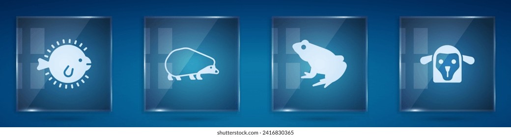 Set Puffer fish, Hedgehog, Frog and Sheep head. Square glass panels. Vector