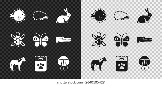 Set Puffer fish, Hedgehog, Rabbit, Horse, Bag of food, Jellyfish, Turtle and Butterfly icon. Vector