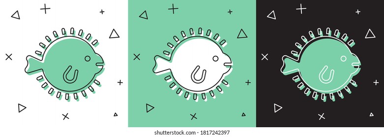 Set Puffer fish icon isolated on white and green, black background. Fugu fish japanese puffer fish.  Vector