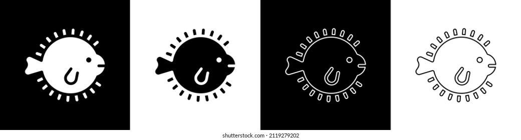 Set Puffer fish icon isolated on black and white background. Fugu fish japanese puffer fish.  Vector