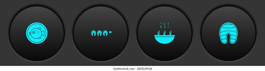 Set Puffer fish on a plate, Grilled steak, Soup with shrimps and Fish icon. Vector.