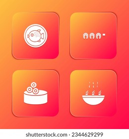 Set Puffer fish on a plate, Grilled steak, Tin can with caviar and Soup shrimps icon. Vector