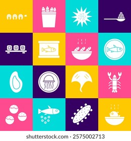 Set Puffer fish soup, Lobster, Served on a plate, Sea urchin, Canned, Sushi cutting board, Grilled steak and Fish icon. Vector