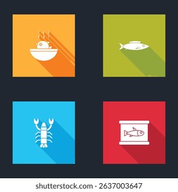 Set Puffer fish soup, Fish, Lobster and Canned icon. Vector